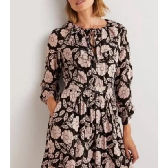 Boden Black/Gold‎ Metallic Floral Notch Neck Ruffle Long Sleeve Dress Size 6 - Picture 1 of 14